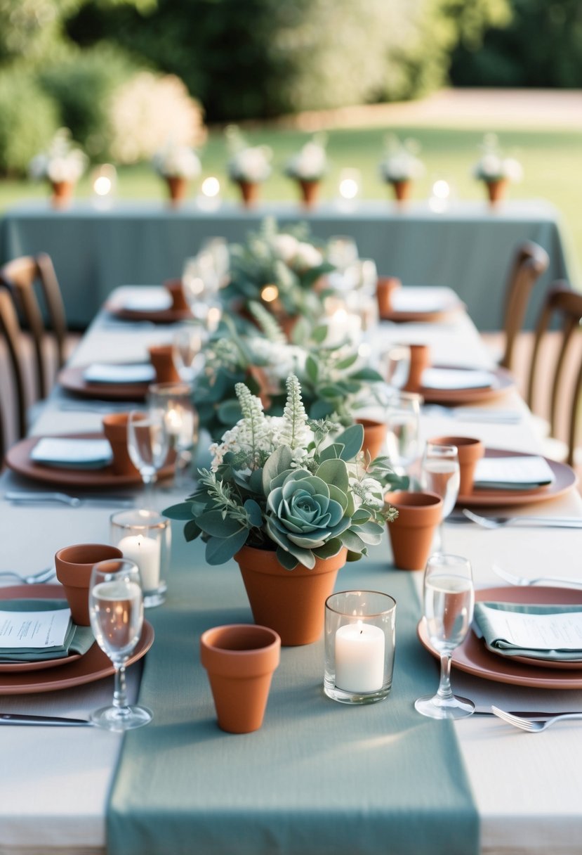 A table adorned with sage and terracotta centerpiece arrangements for a wedding