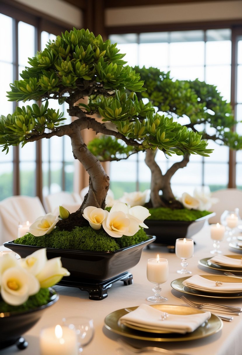 Lush gardenias and delicate bonsai trees adorn the elegant Japanese wedding table, creating a serene and enchanting atmosphere