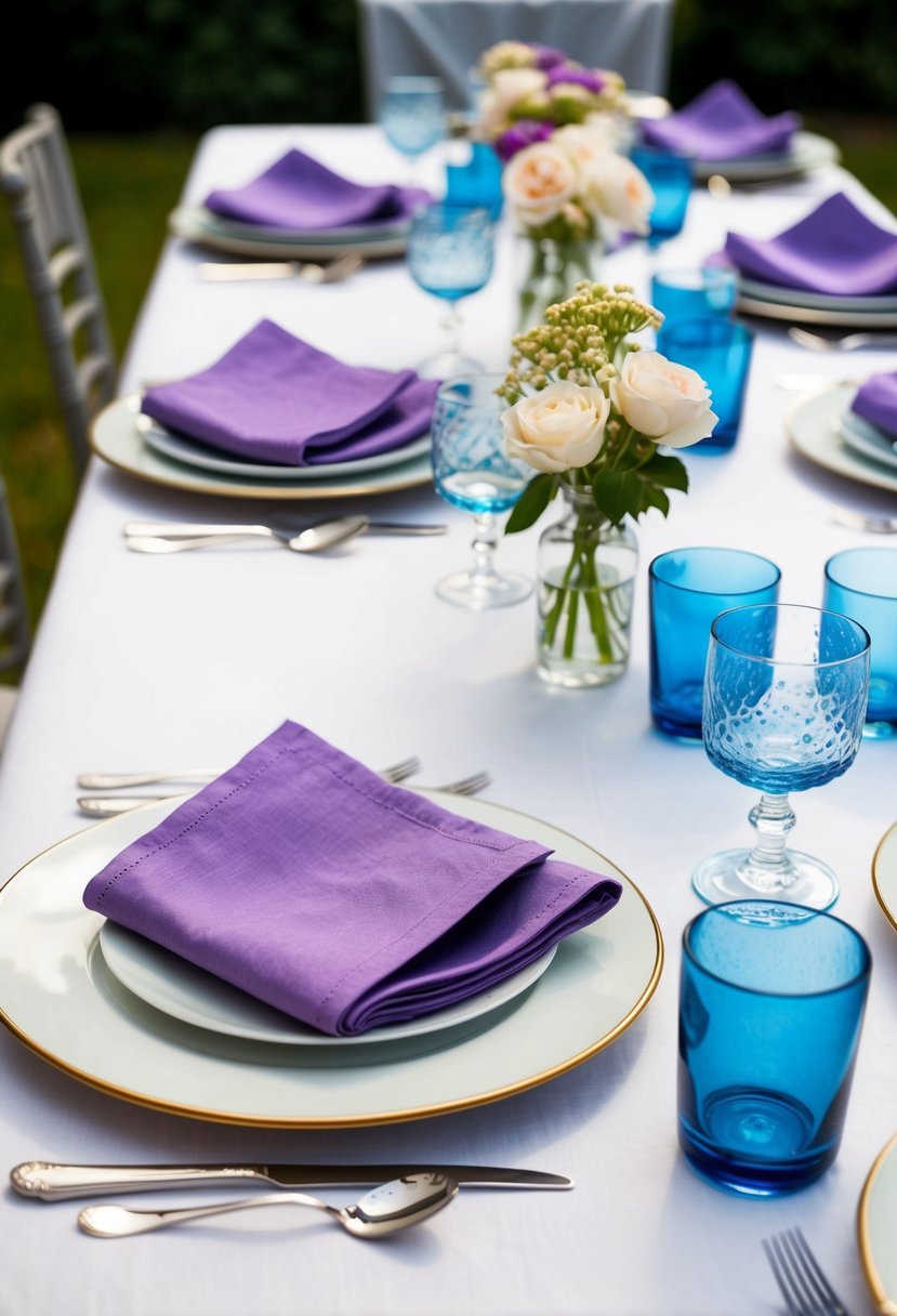 A tablescape with lilac napkins and sky blue glassware arranged on a white tablecloth