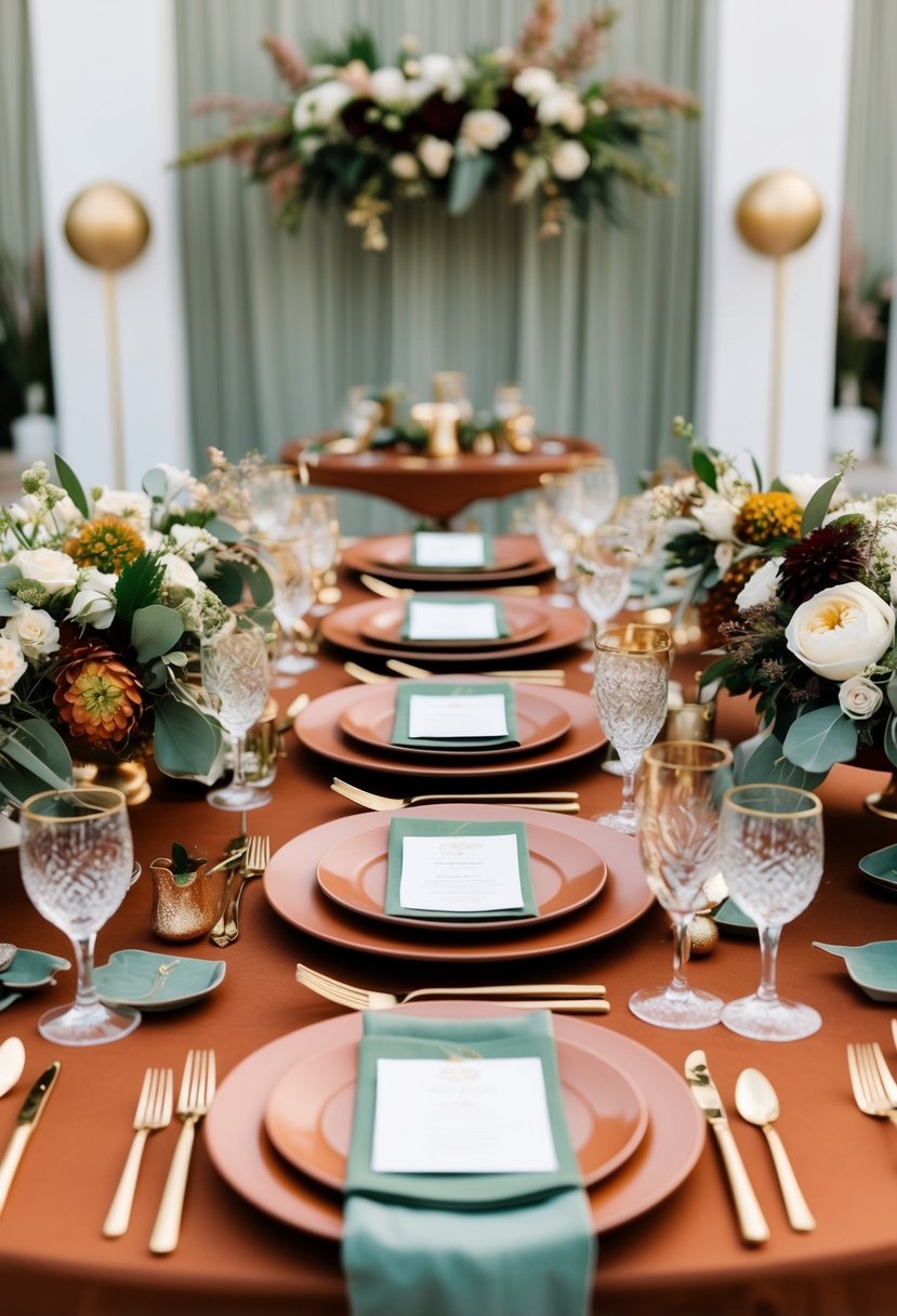 A terracotta and sage wedding setting with gold accents, featuring elegant decor and floral arrangements