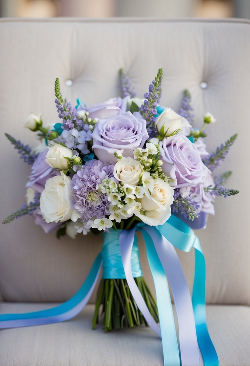 A bridal bouquet featuring delicate lilac and sky blue ribbons, complementing the wedding color scheme