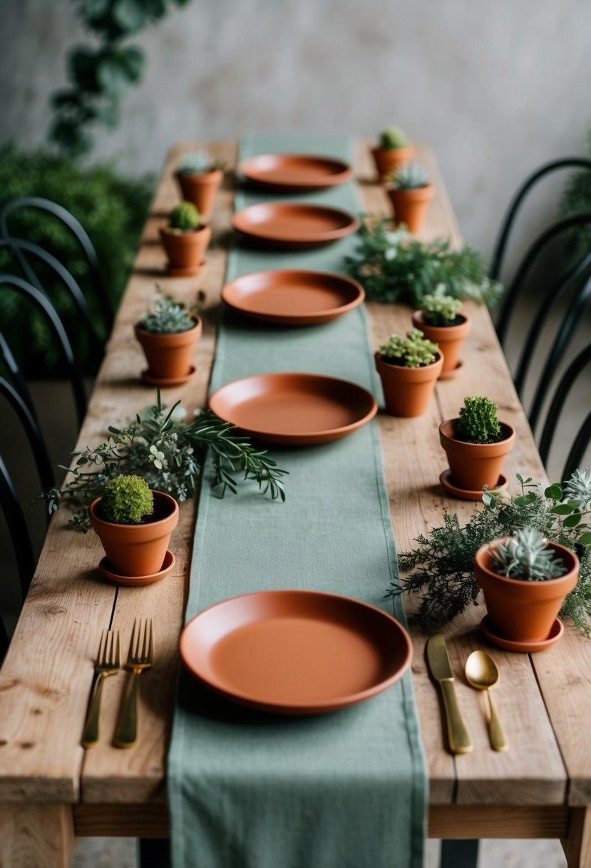 Terracotta and sage table runners on a rustic wooden table, surrounded by greenery and small terracotta pots