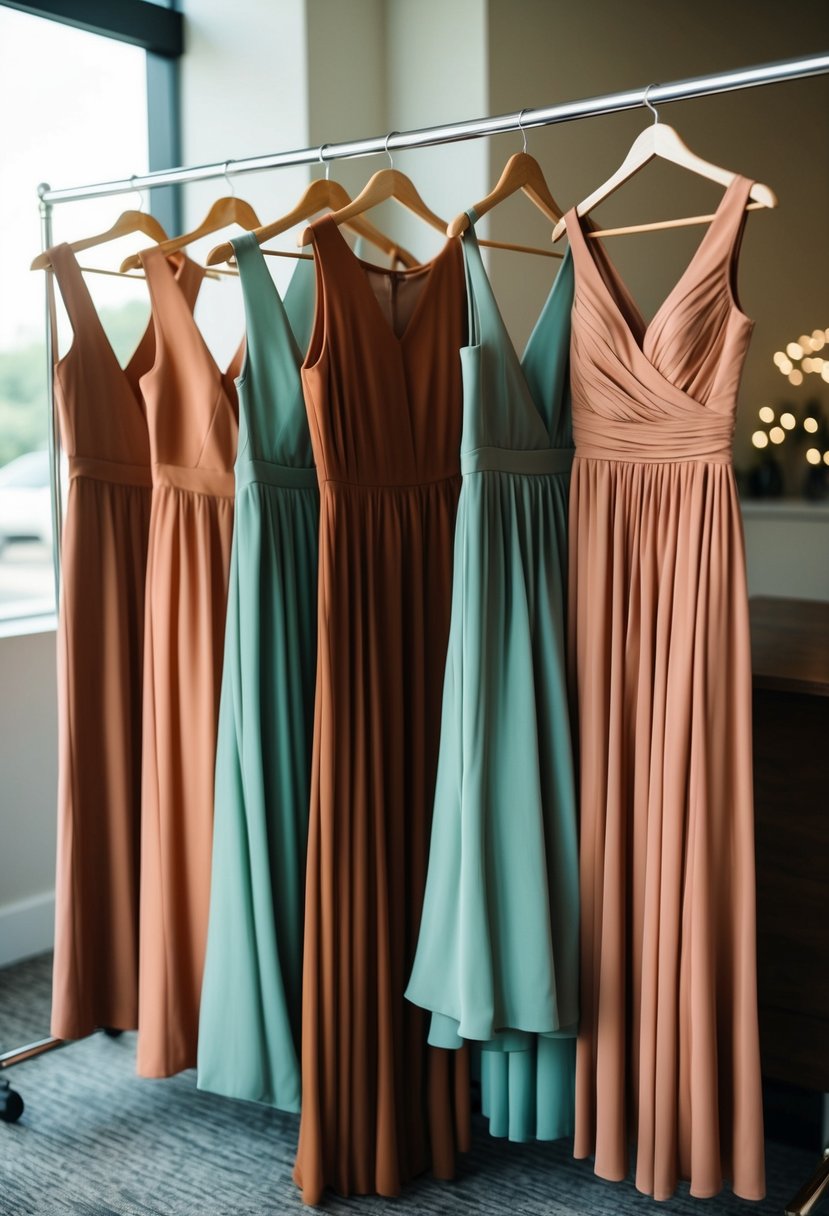 Mismatched terracotta and sage bridesmaid dresses hang on a clothing rack