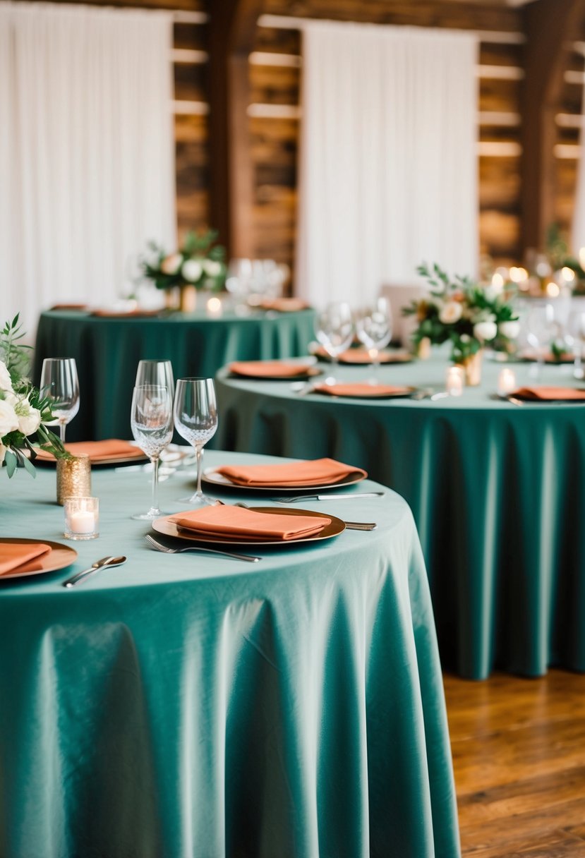 Sage green velvet tablecloths with terracotta accents set for a wedding reception