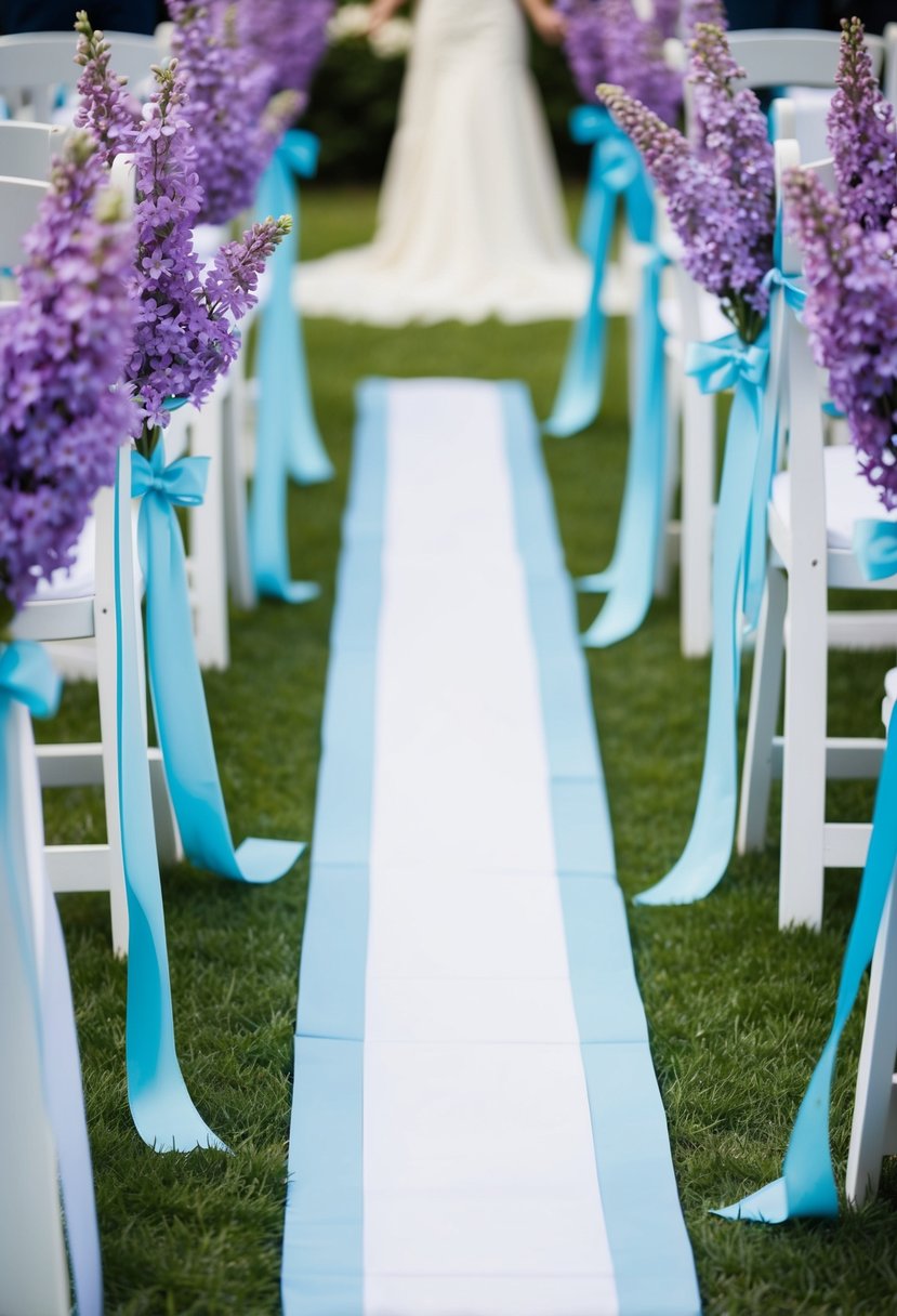 Lilac and sky blue flowers and ribbons adorn the wedding aisle, adding a pop of color and visual interest