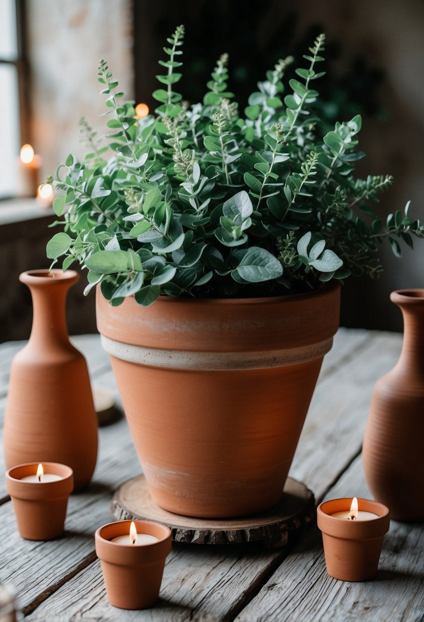 A rustic terracotta pot filled with sage green foliage sits on a weathered wooden table, surrounded by terracotta vases and candles