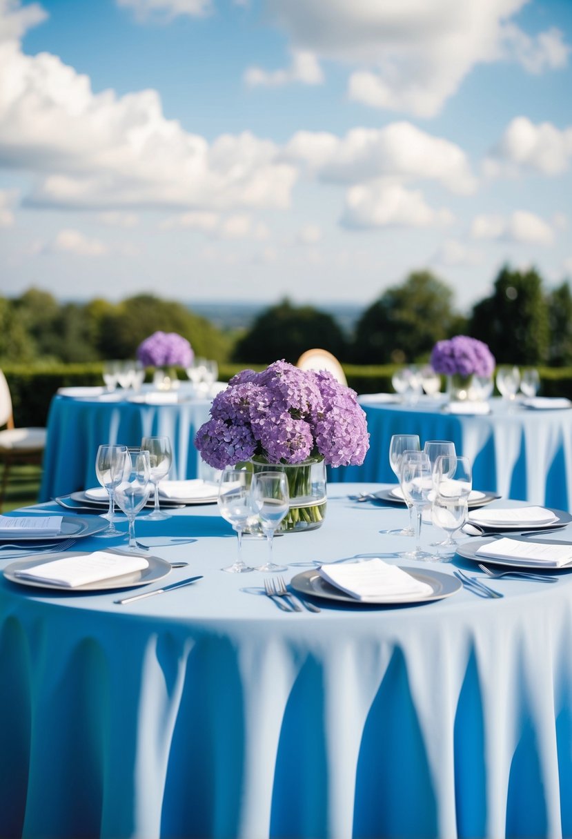 Sky blue table linens topped with lilac centerpieces create a balanced and elegant wedding decor