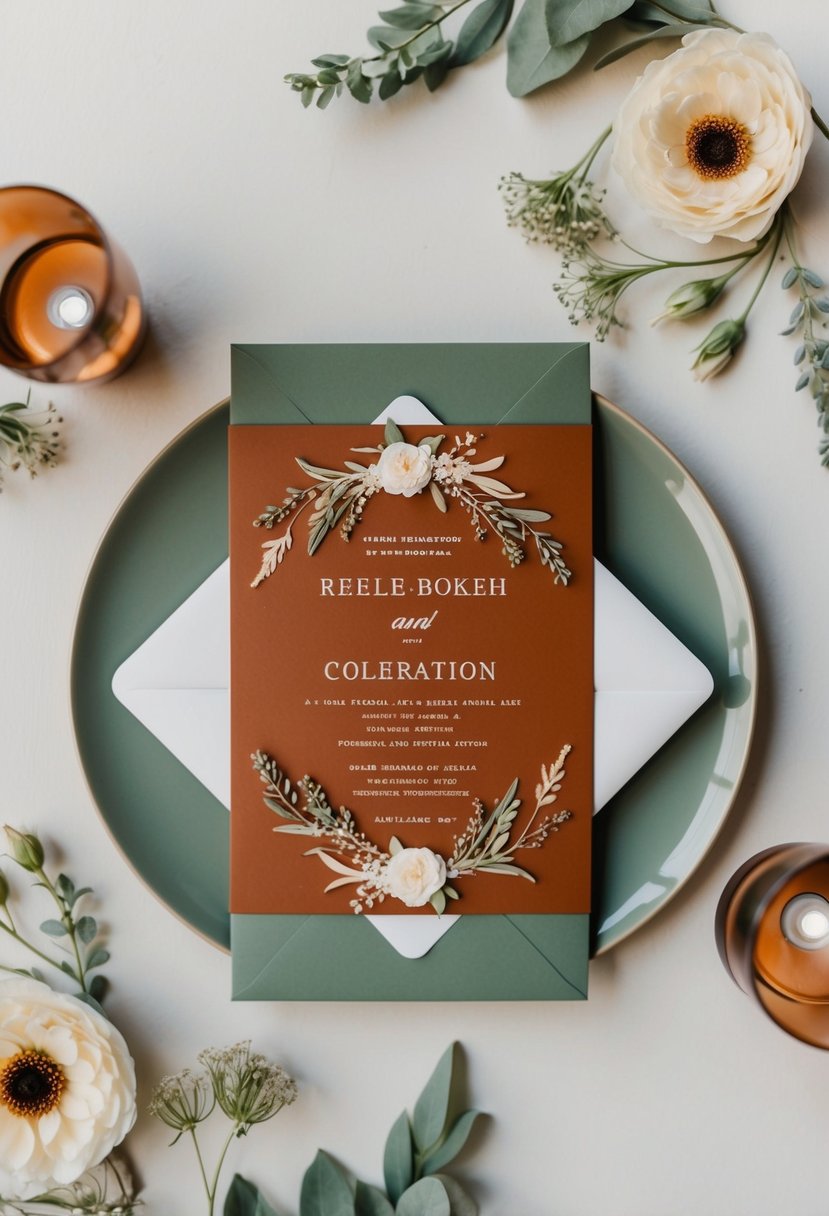 An elegant wedding invitation with terracotta and sage palette, adorned with delicate floral and foliage motifs