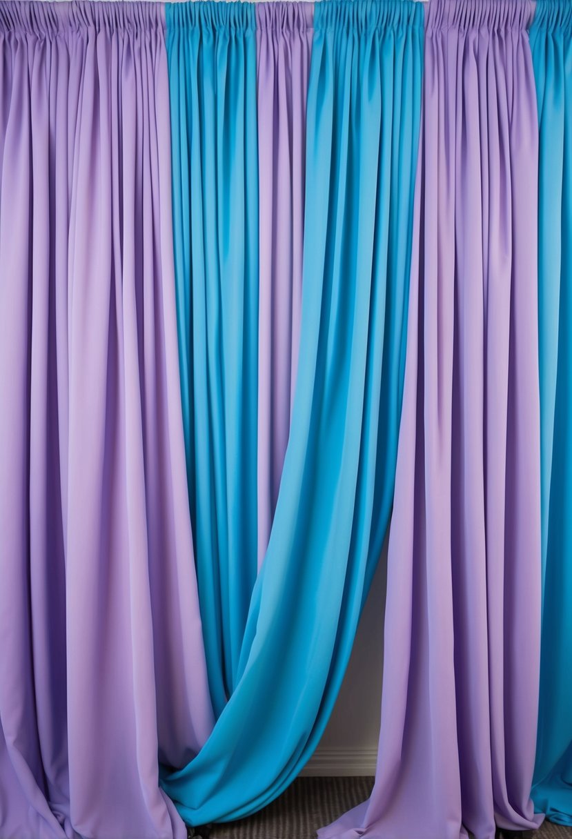 Lilac and sky blue drapes cascade in whimsical folds for a wedding photo booth backdrop