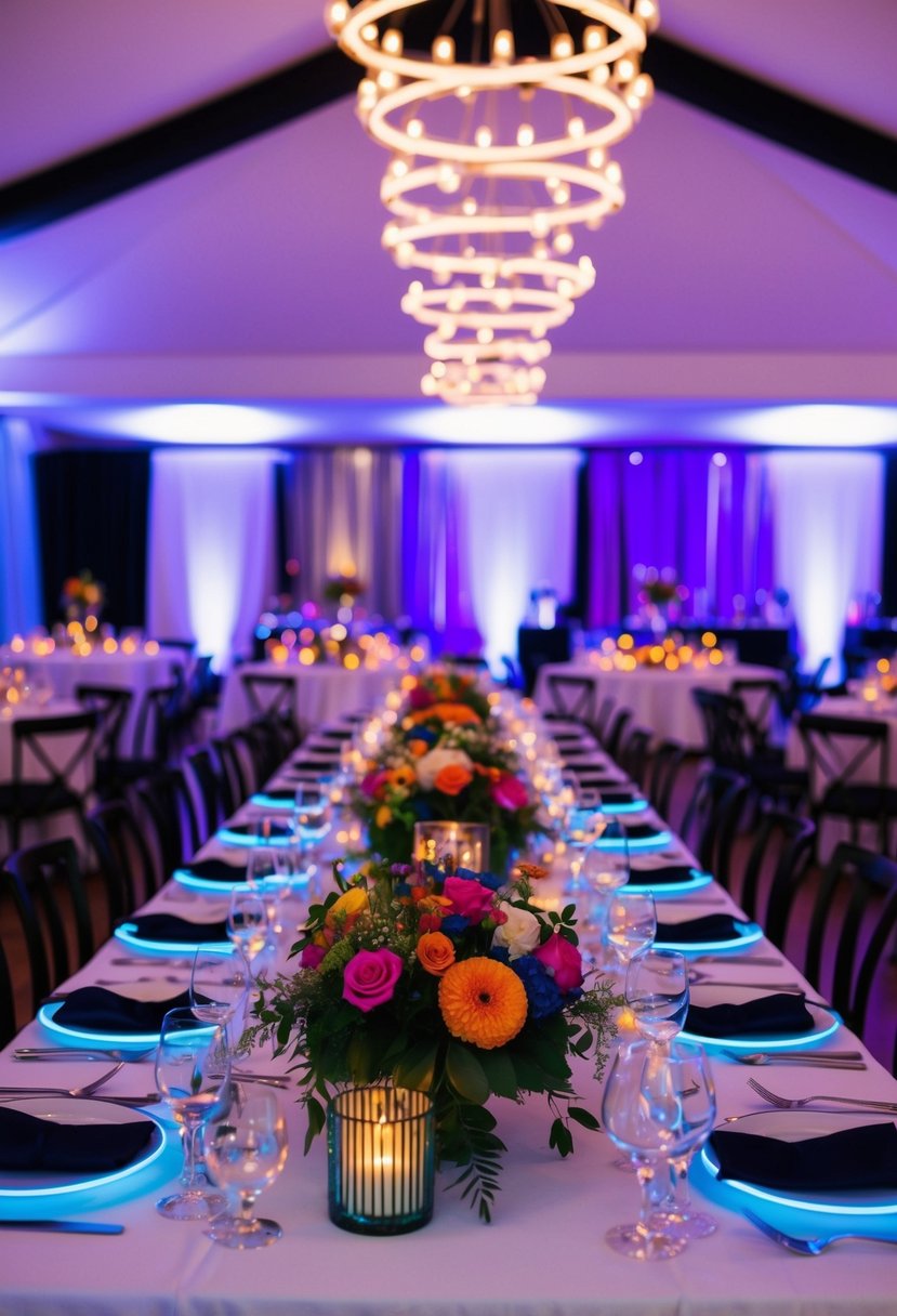 A table adorned with neon lights, glowing centerpieces, and vibrant floral arrangements for a modern and lively wedding reception