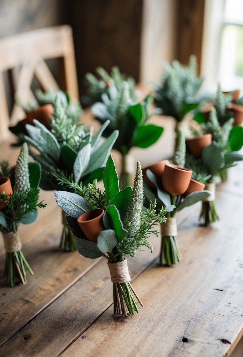 Sage and terracotta boutonnieres arranged on a rustic wooden table with soft natural lighting