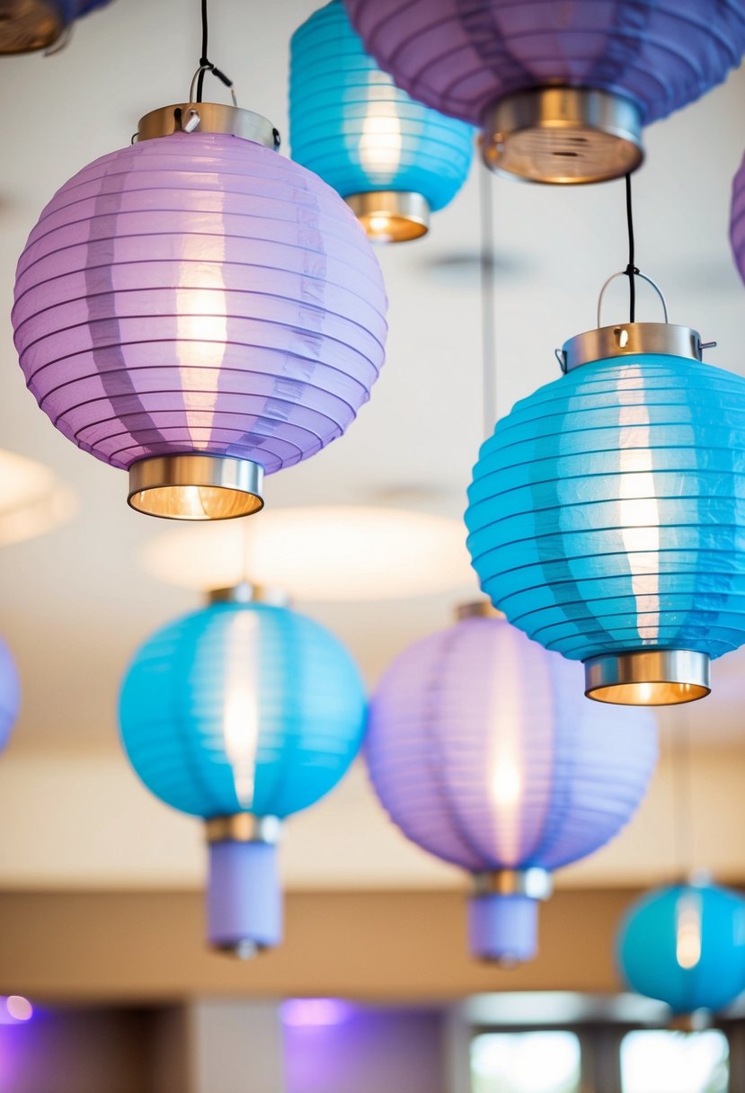 Lilac and sky blue lanterns hang from the ceiling, casting a soft, romantic glow in the reception area