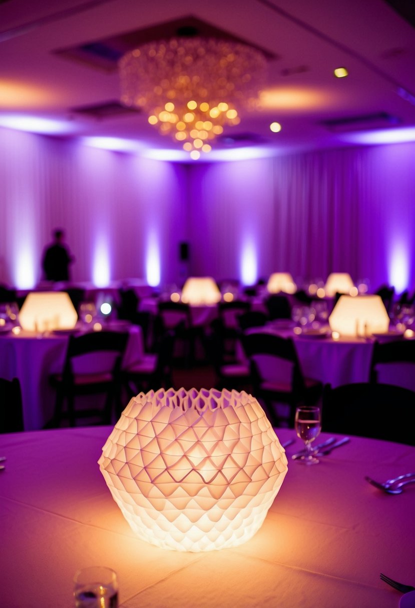 Glowing honeycomb centerpieces illuminate the wedding tables, casting a neon glow across the room