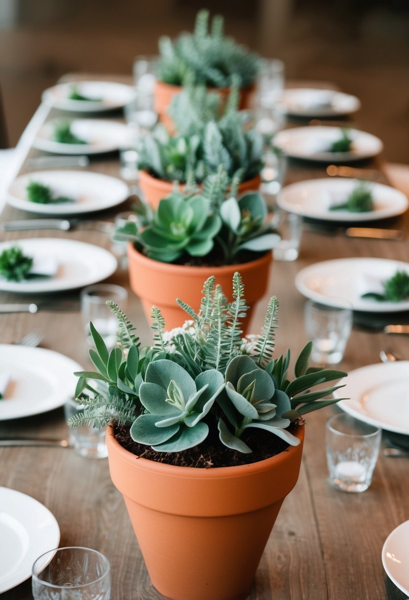 Terracotta flower pots arranged with sage green foliage as wedding centerpieces