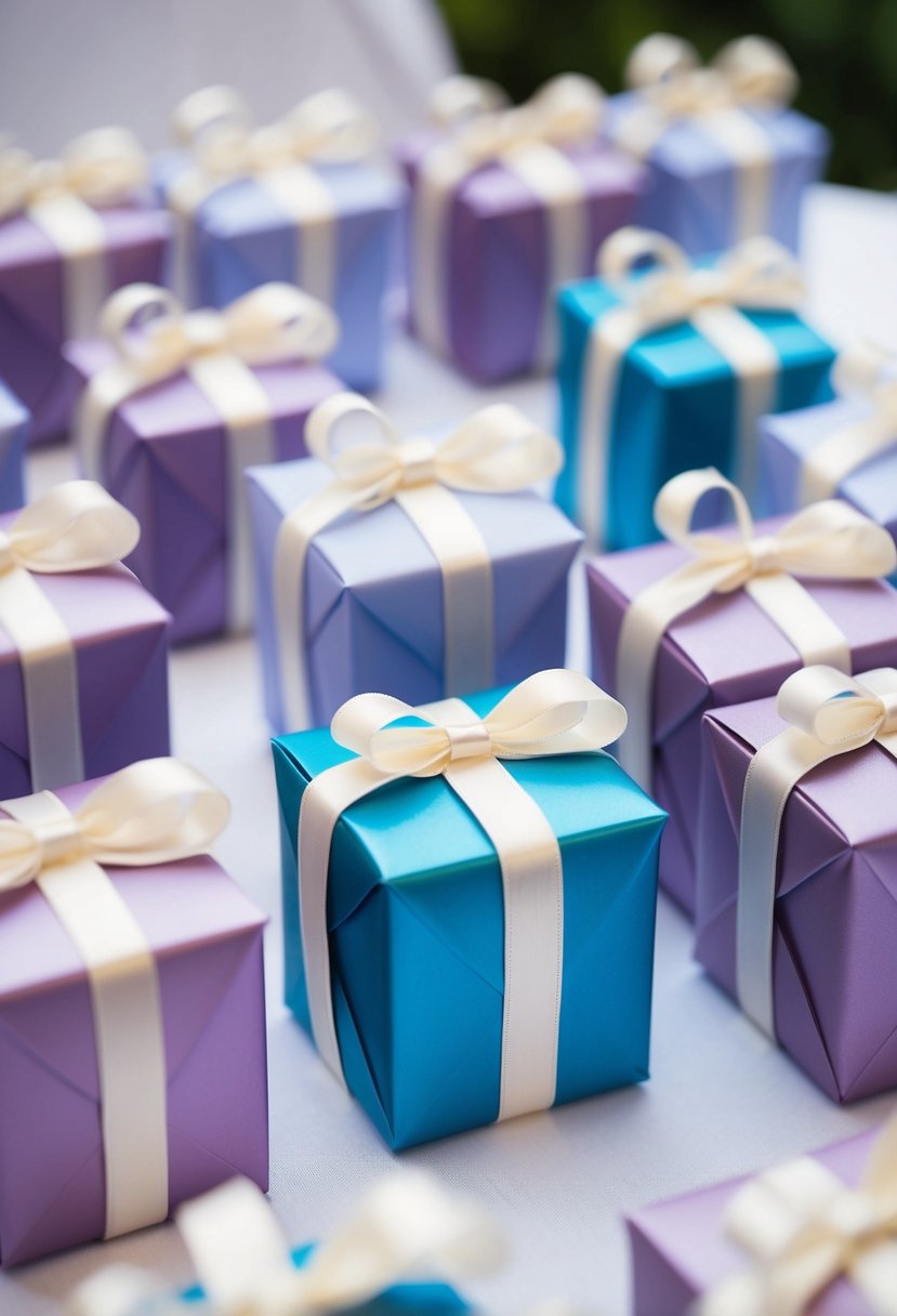 Lilac and sky blue wedding favors arranged in elegant packaging