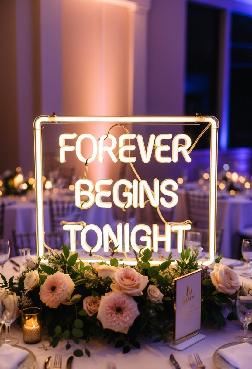 A glowing neon sign with the words "Forever Begins Tonight" stands on a wedding reception table, surrounded by elegant decor and flowers