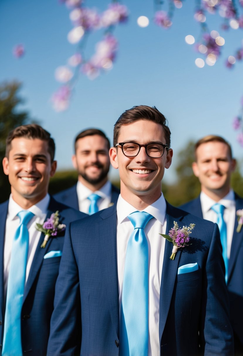 The groomsmen sport sky blue ties and lilac boutonnieres