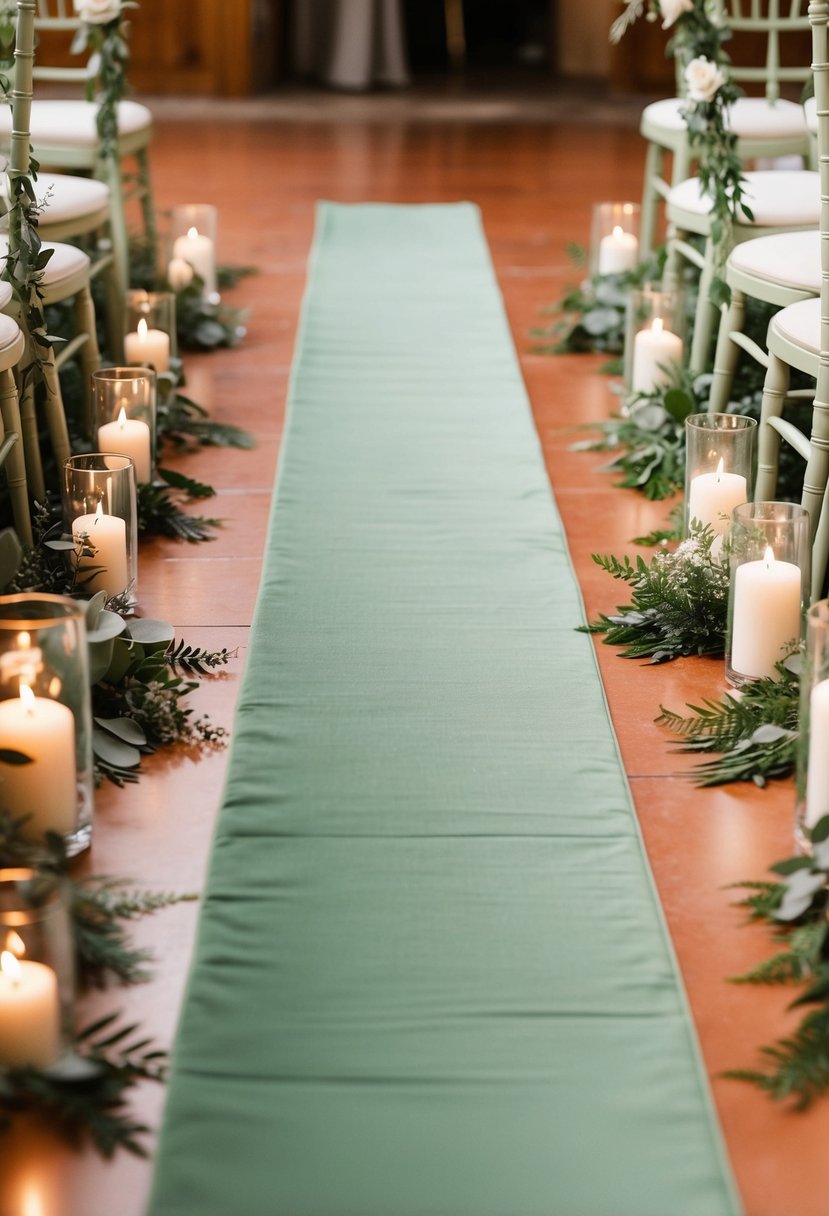 A sage green aisle runner leading to a terracotta and sage wedding color palette