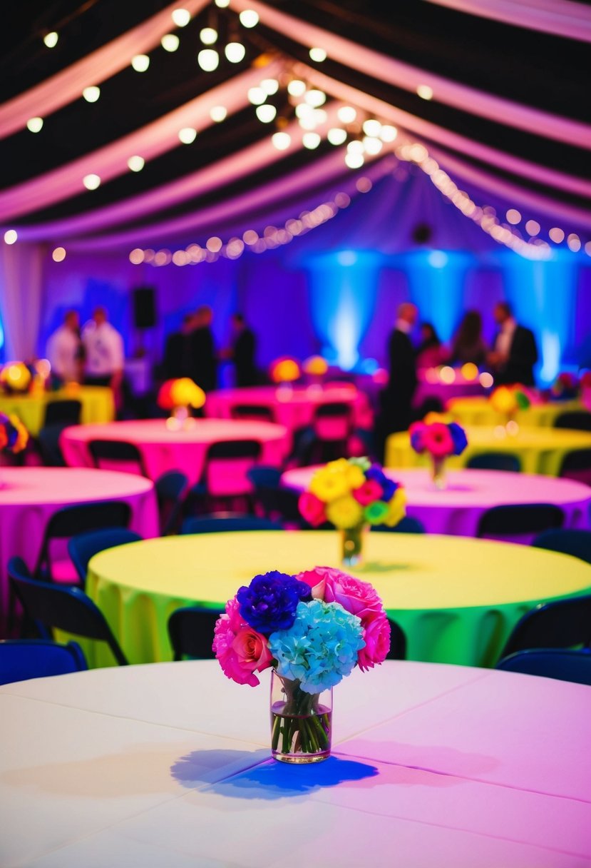 The tables are covered in vibrant neon tablecloths, creating a lively and colorful atmosphere for a wedding celebration