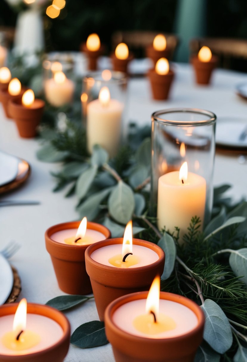 Terracotta candles casting a warm glow at a sage-themed wedding