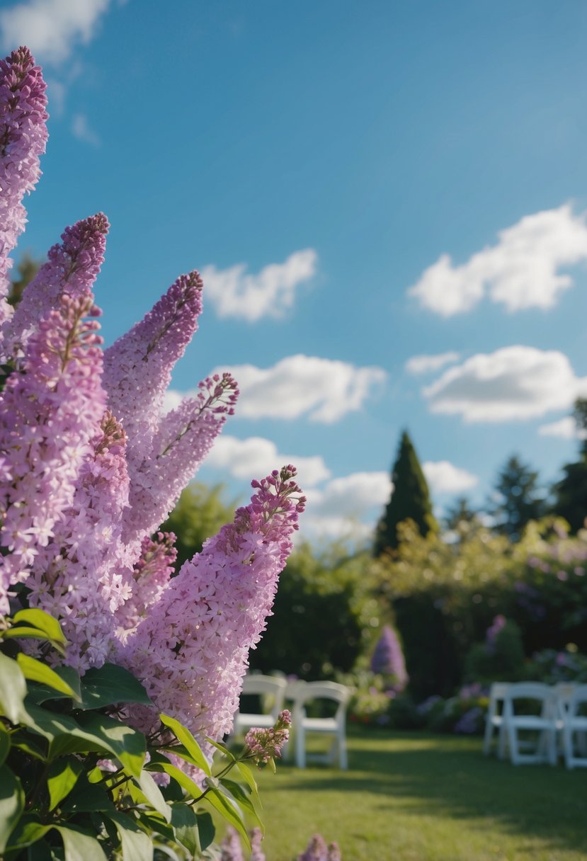 A serene garden with lilac flowers and a sky blue sky, setting the scene for a romantic wedding program design