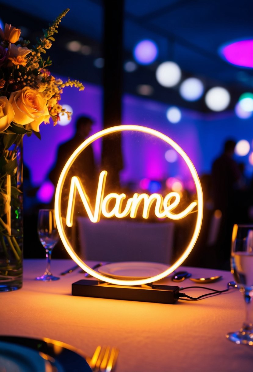 A glowing neon name sign illuminates a wedding table, casting a colorful and vibrant light on the surrounding decor