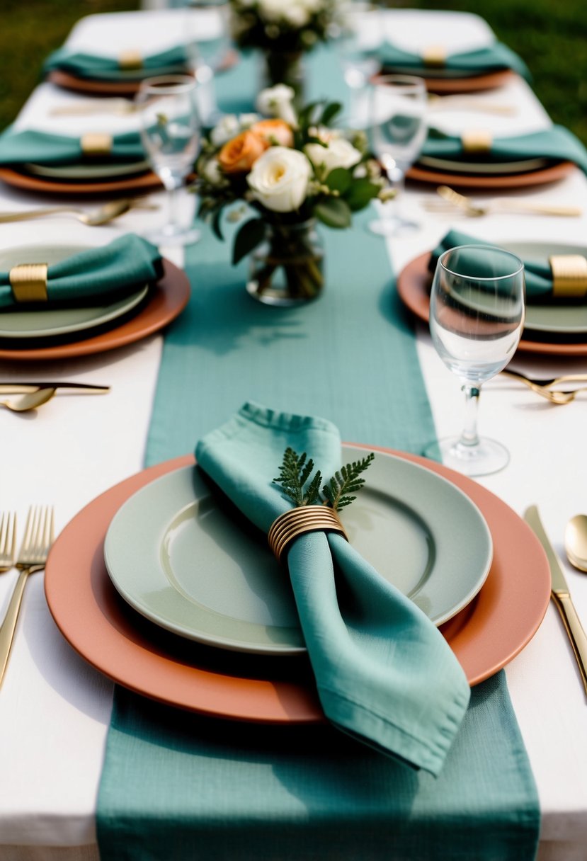 Sage green napkins complement terracotta table settings in a serene wedding color scheme