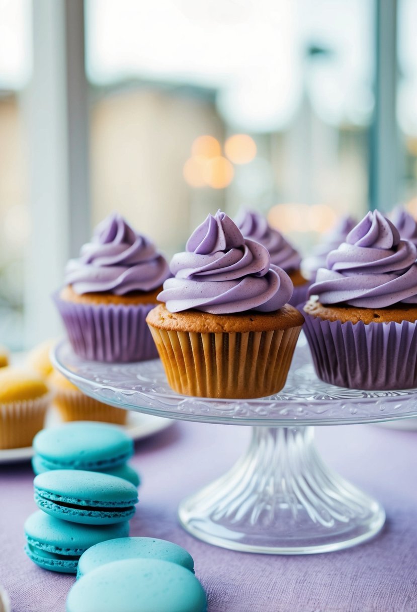 A dessert table with lilac cupcakes and sky blue macarons