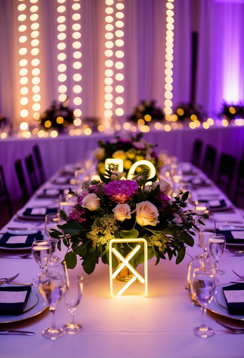 A table adorned with LED-lit floral arrangements, casting a neon glow over the wedding reception