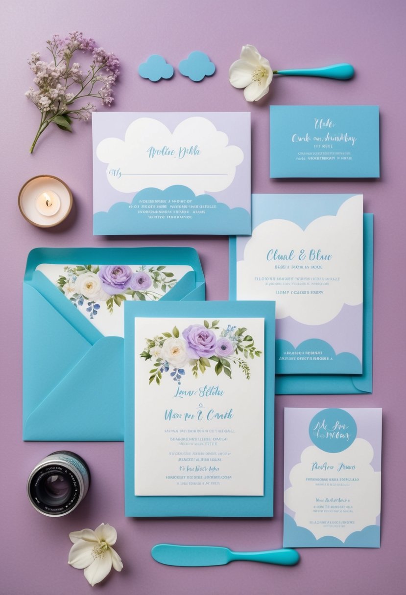 A lilac and sky blue themed wedding stationery set with floral and cloud designs