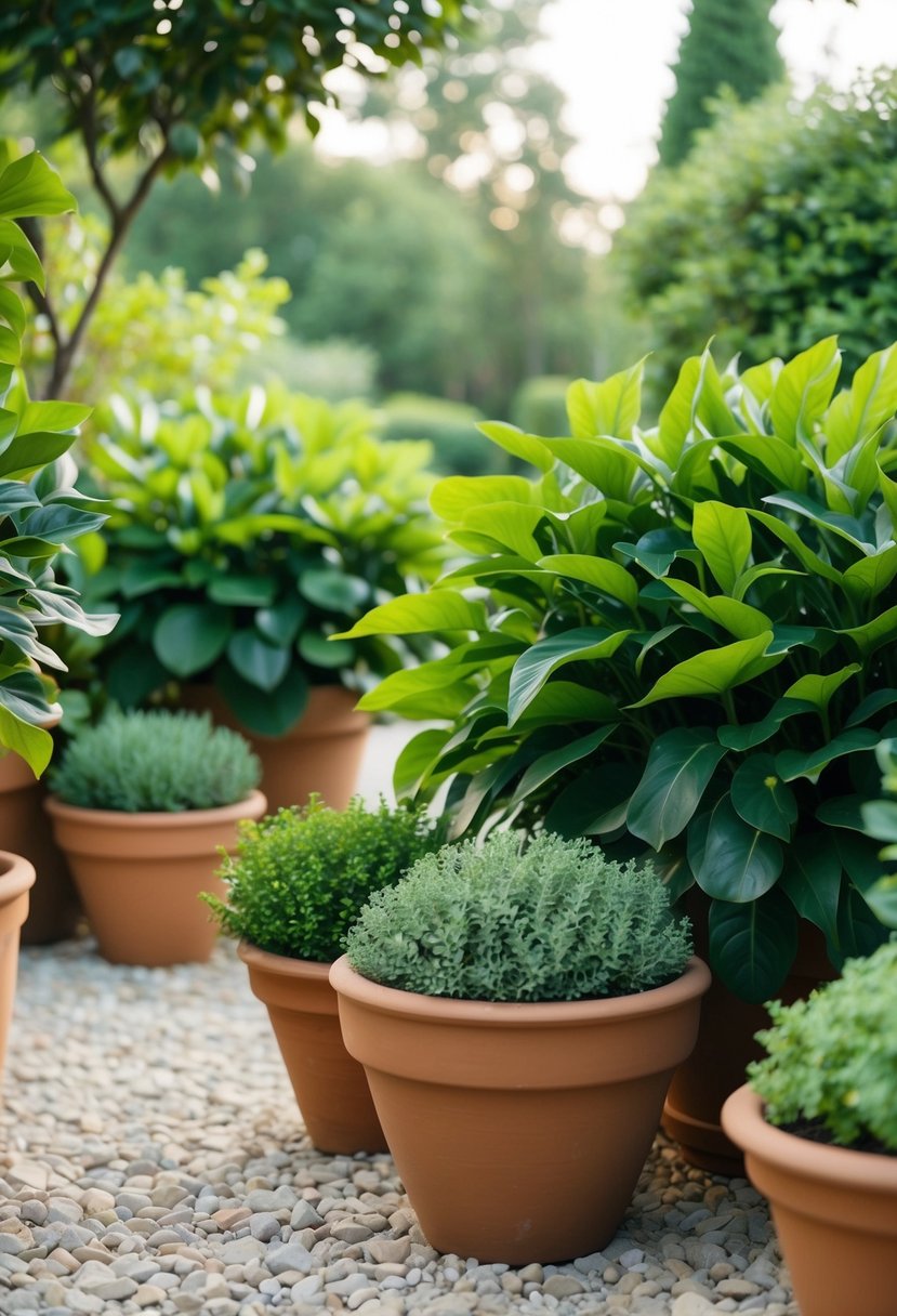 Lush green foliage surrounds terracotta pots and accents in a serene, eco-friendly setting