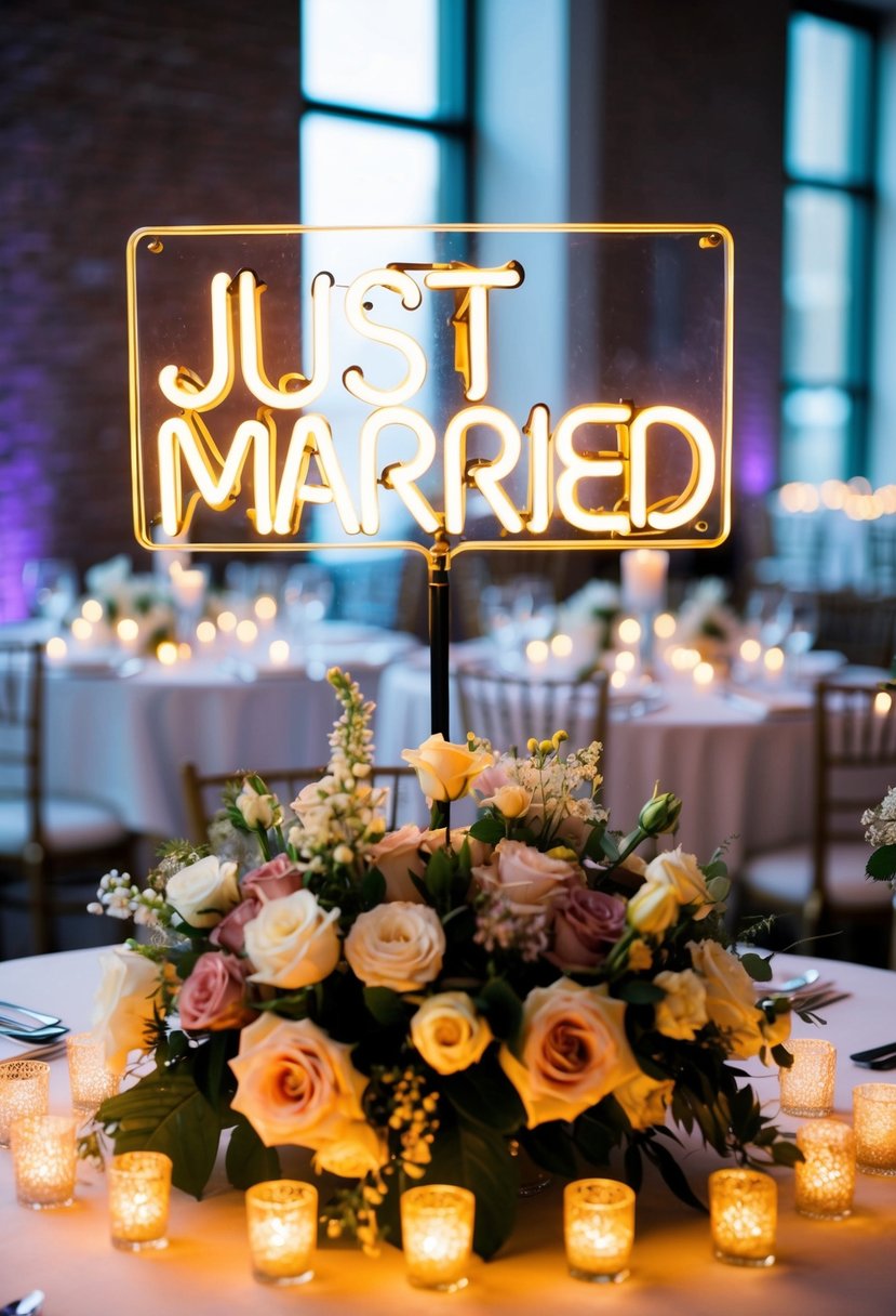 A glowing neon 'Just Married' sign atop a wedding table, surrounded by romantic floral centerpieces and twinkling tea lights