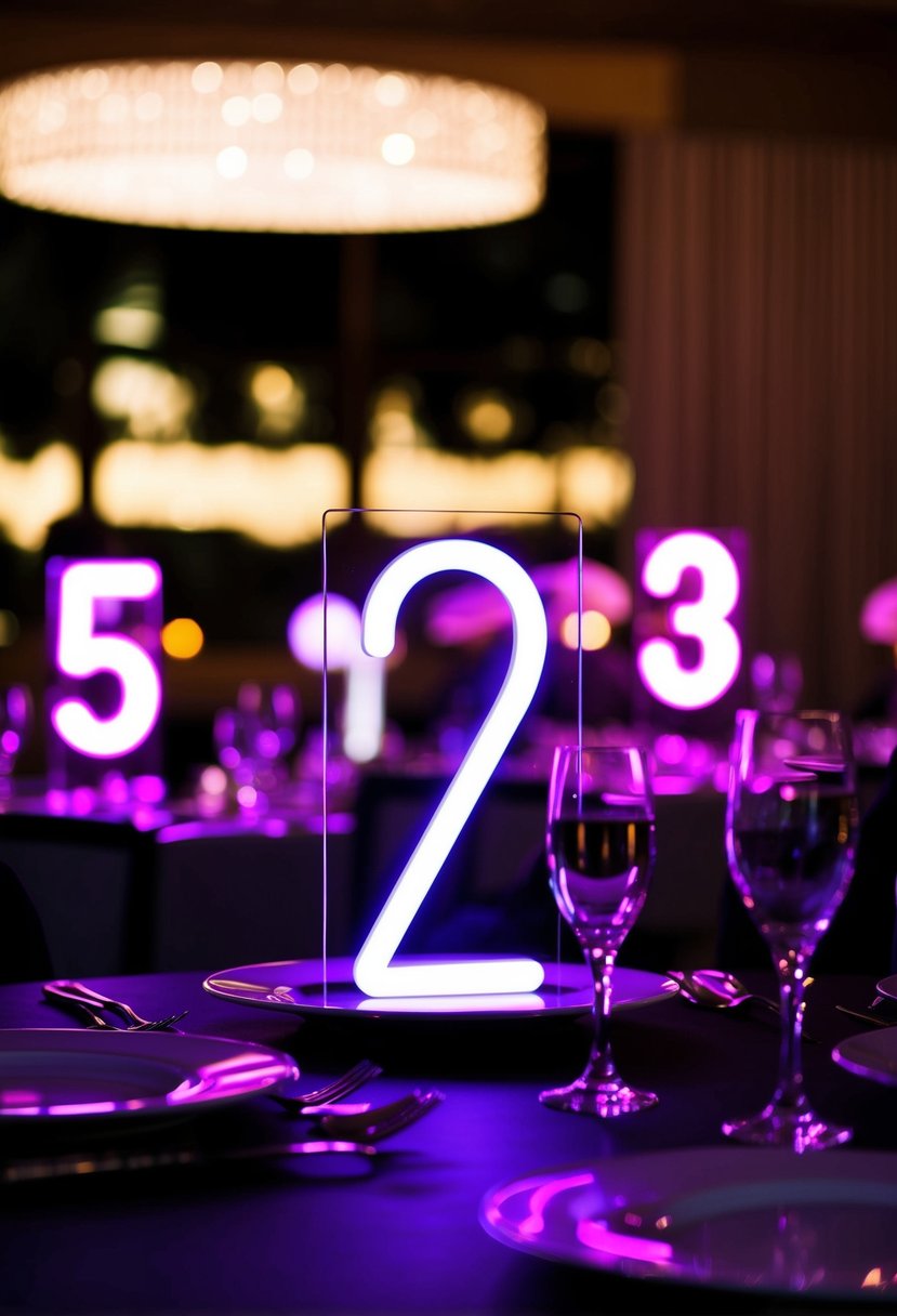 Neon table numbers glow on dark tables at a wedding reception