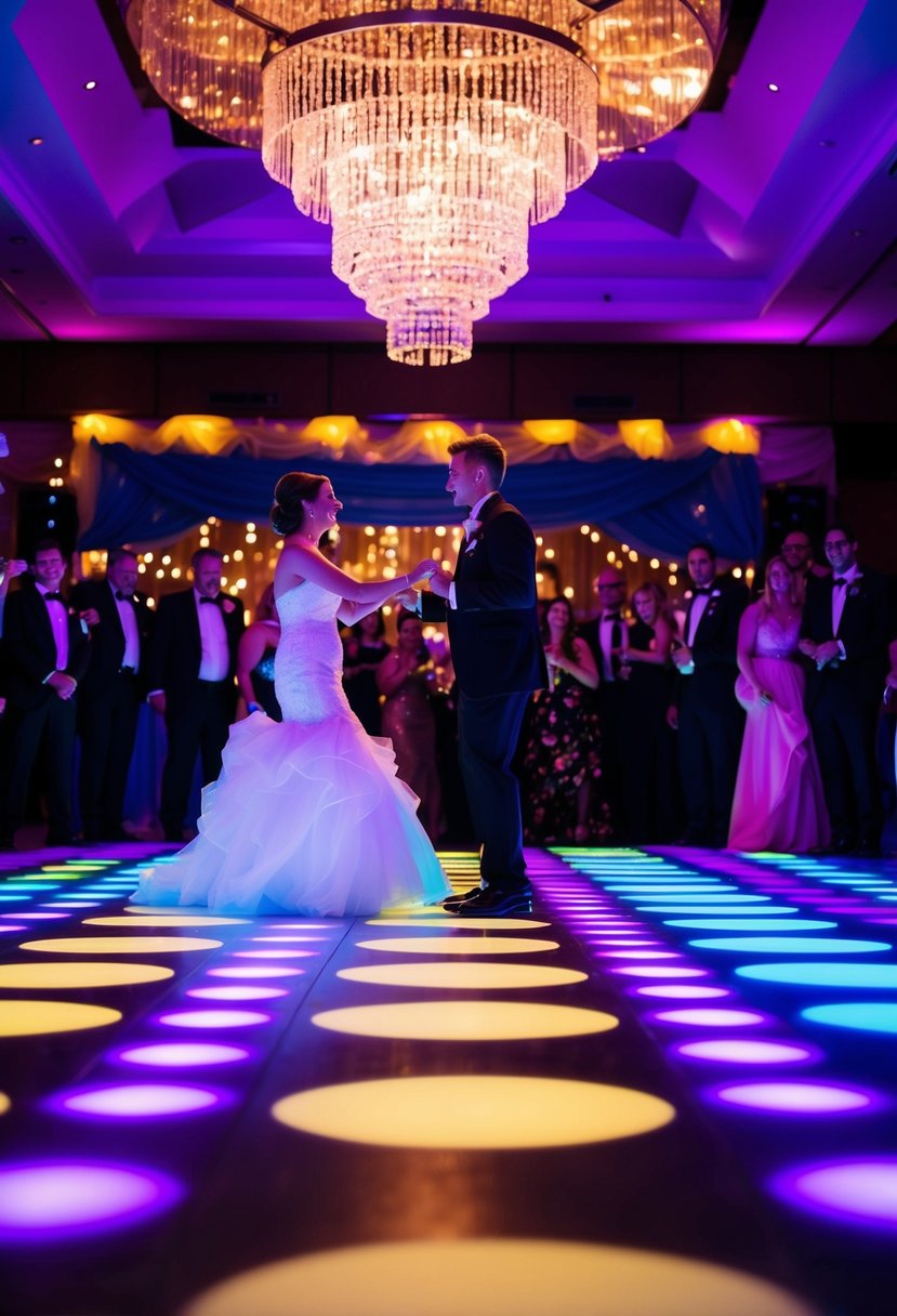 The pulsating neon dance floor illuminates the wedding reception with vibrant colors, creating a lively and festive atmosphere