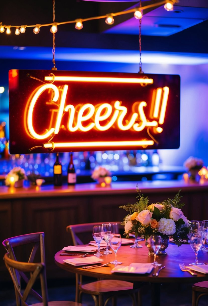 A glowing neon "Cheers!" sign hangs above a festive bar area, casting a colorful glow on the surrounding wedding table decorations