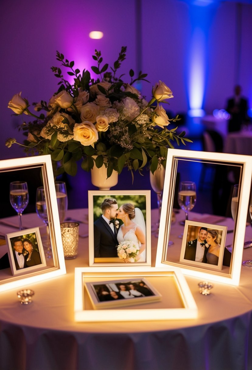 Glowing neon frames surround wedding photos on a decorated table