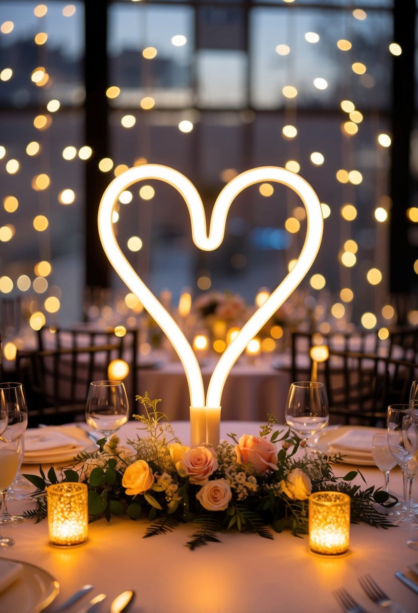 A glowing heart-shaped neon light illuminates a wedding table, surrounded by smaller twinkling lights and delicate floral arrangements