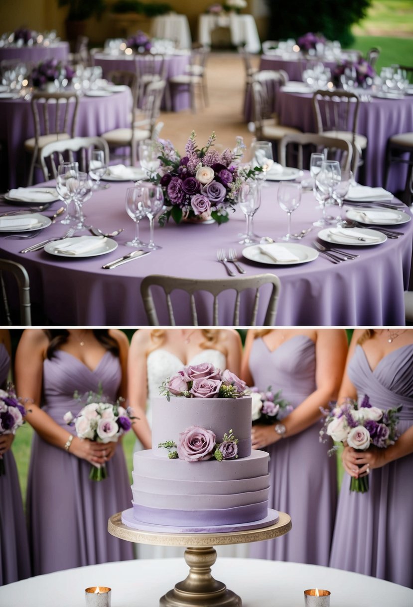 A dusty purple wedding: tables adorned with lavender centerpieces, bridesmaids in lilac gowns, and a cake topped with mauve flowers