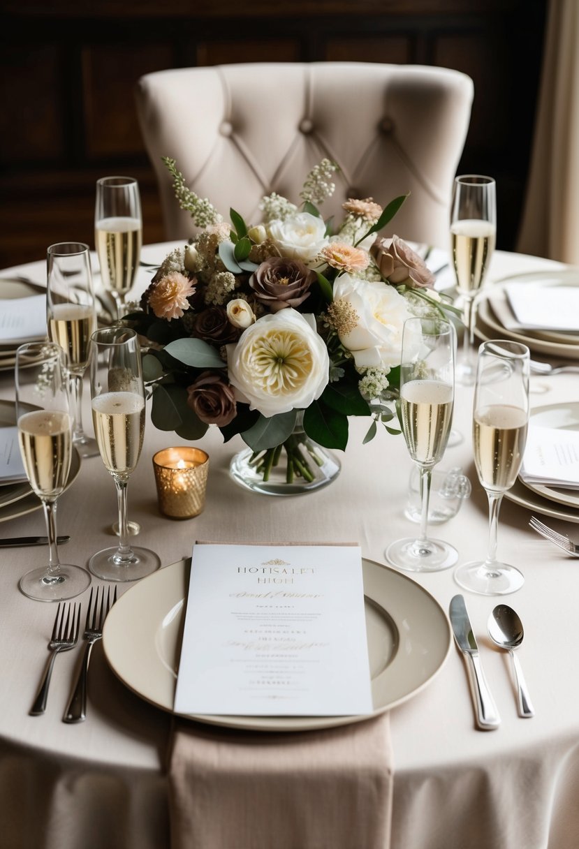 A romantic table setting with beige linens, champagne glasses, and floral centerpieces in muted tones