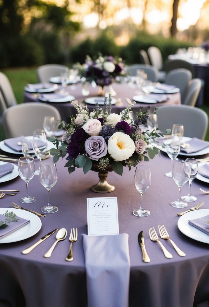 A dusty purple and grey wedding table setting with floral centerpieces and elegant place settings