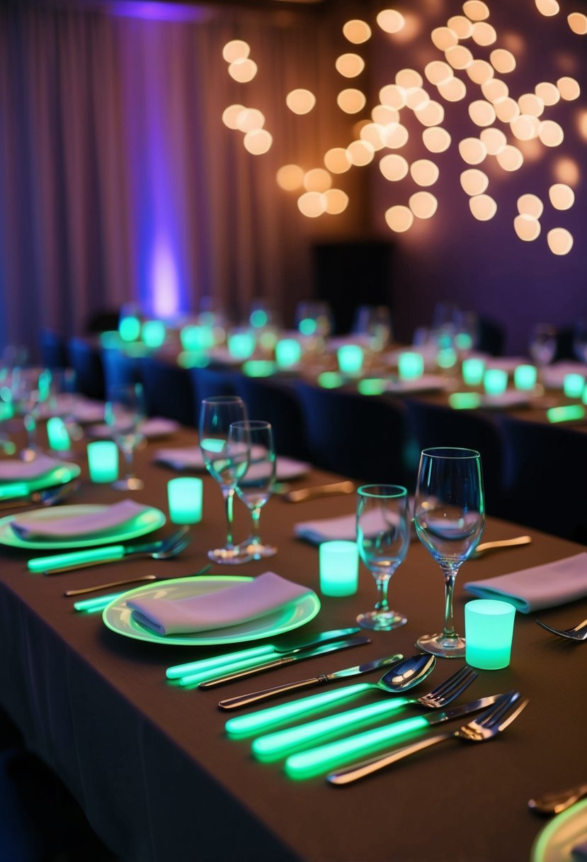 Glow-in-the-dark cutlery arranged on a wedding reception table, casting an ethereal neon glow in a dimly lit room