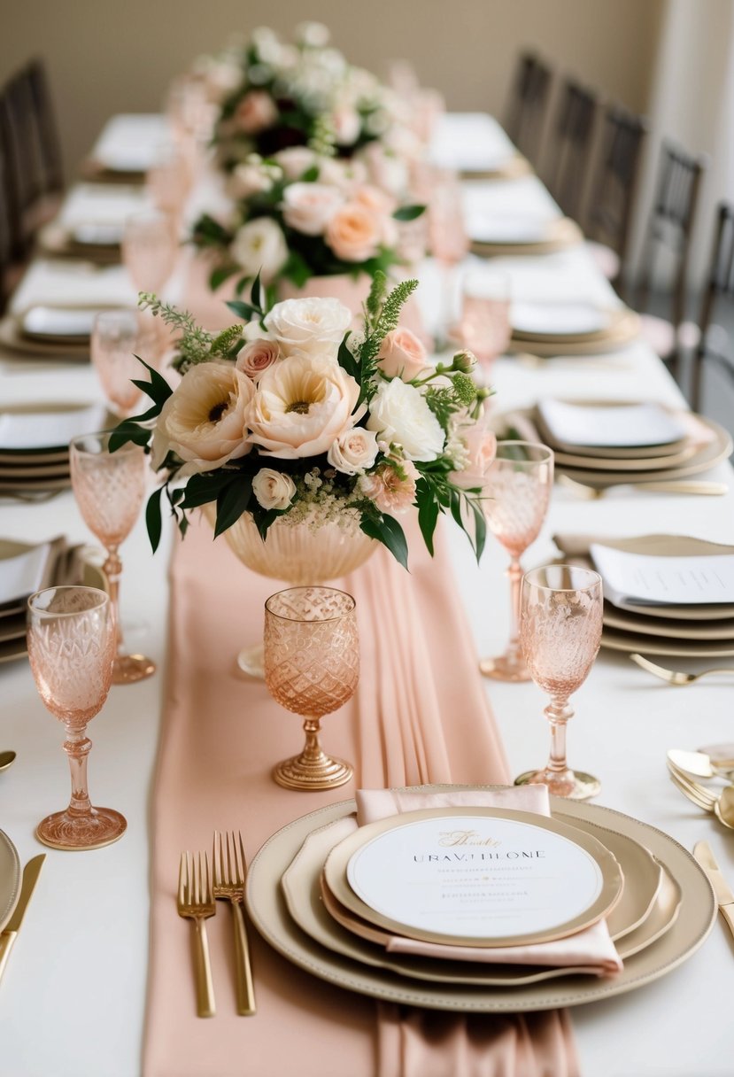 A champagne and beige wedding table with blush accents and floral centerpieces