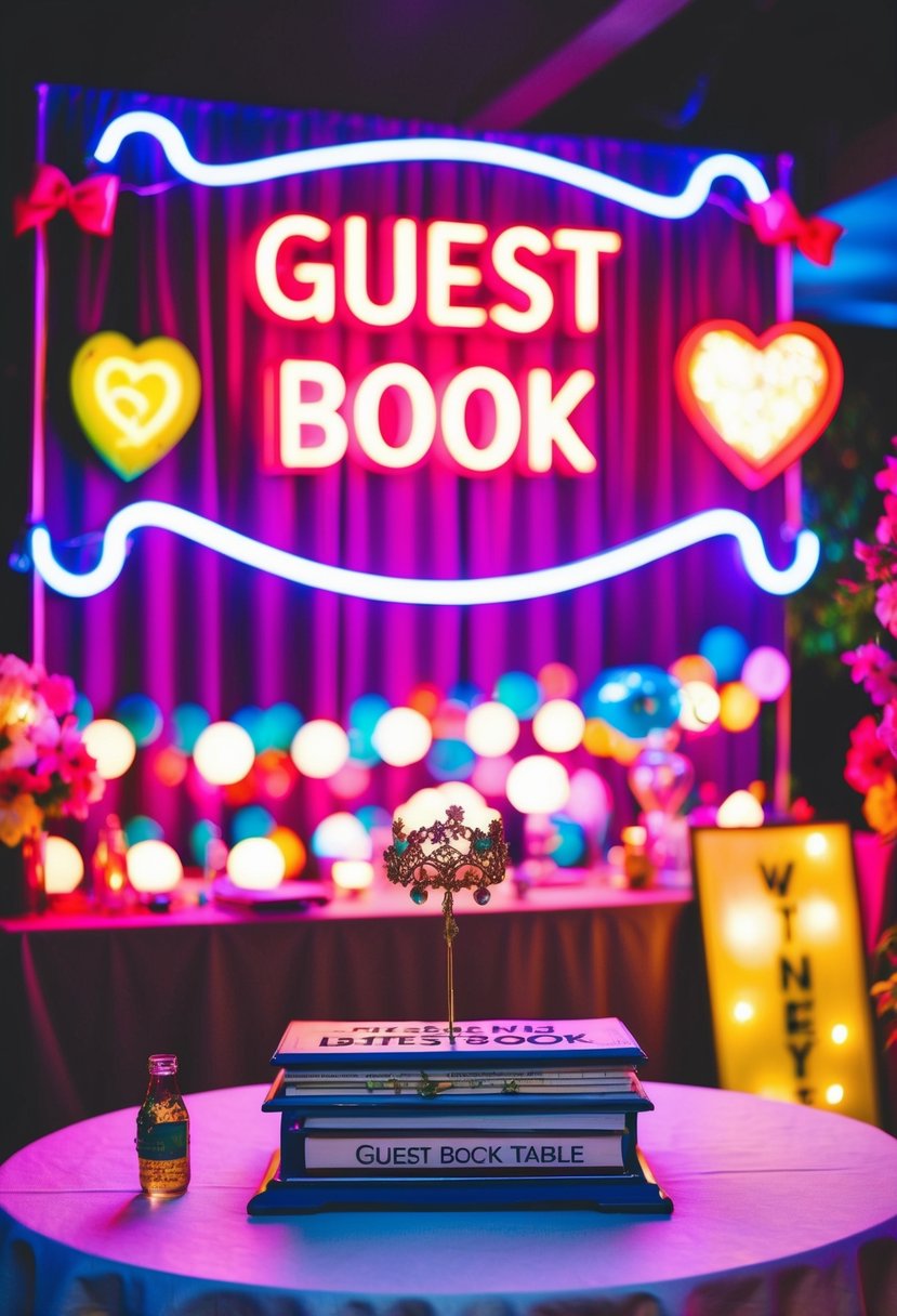 A guest book table adorned with neon lights, glowing signs, and vibrant decorations