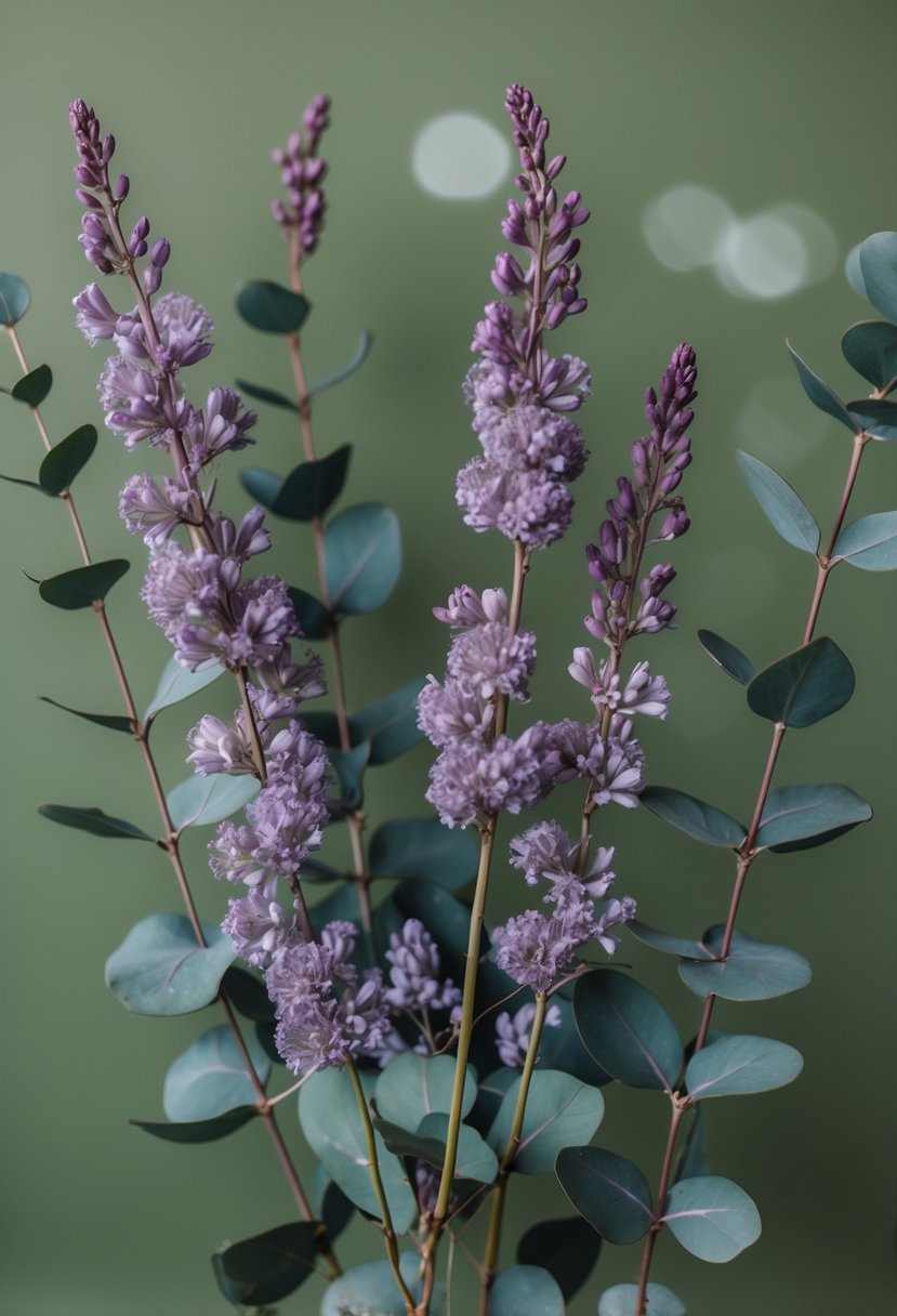 Dusty purple flowers intertwined with eucalyptus branches, set against a muted green background