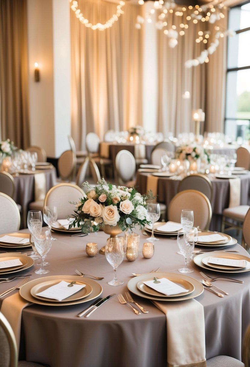 A taupe and champagne wedding table set with elegant beige and champagne decor