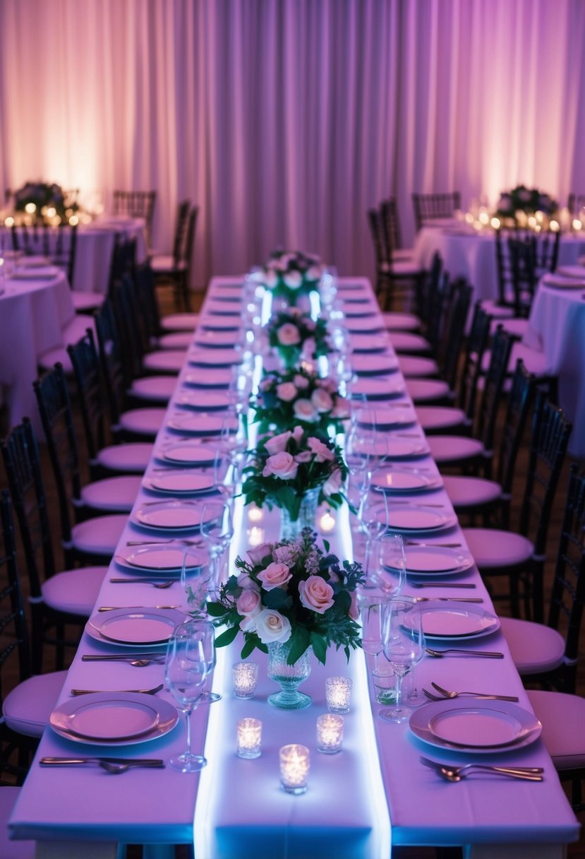 A long wedding table adorned with bright LED table runners, casting a neon glow across the elegant setting