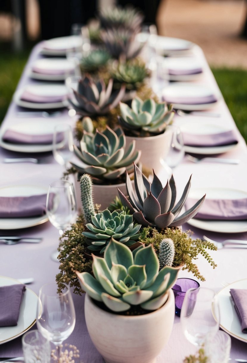 A table adorned with echeveria succulents in dusty purple hues for a wedding centerpiece