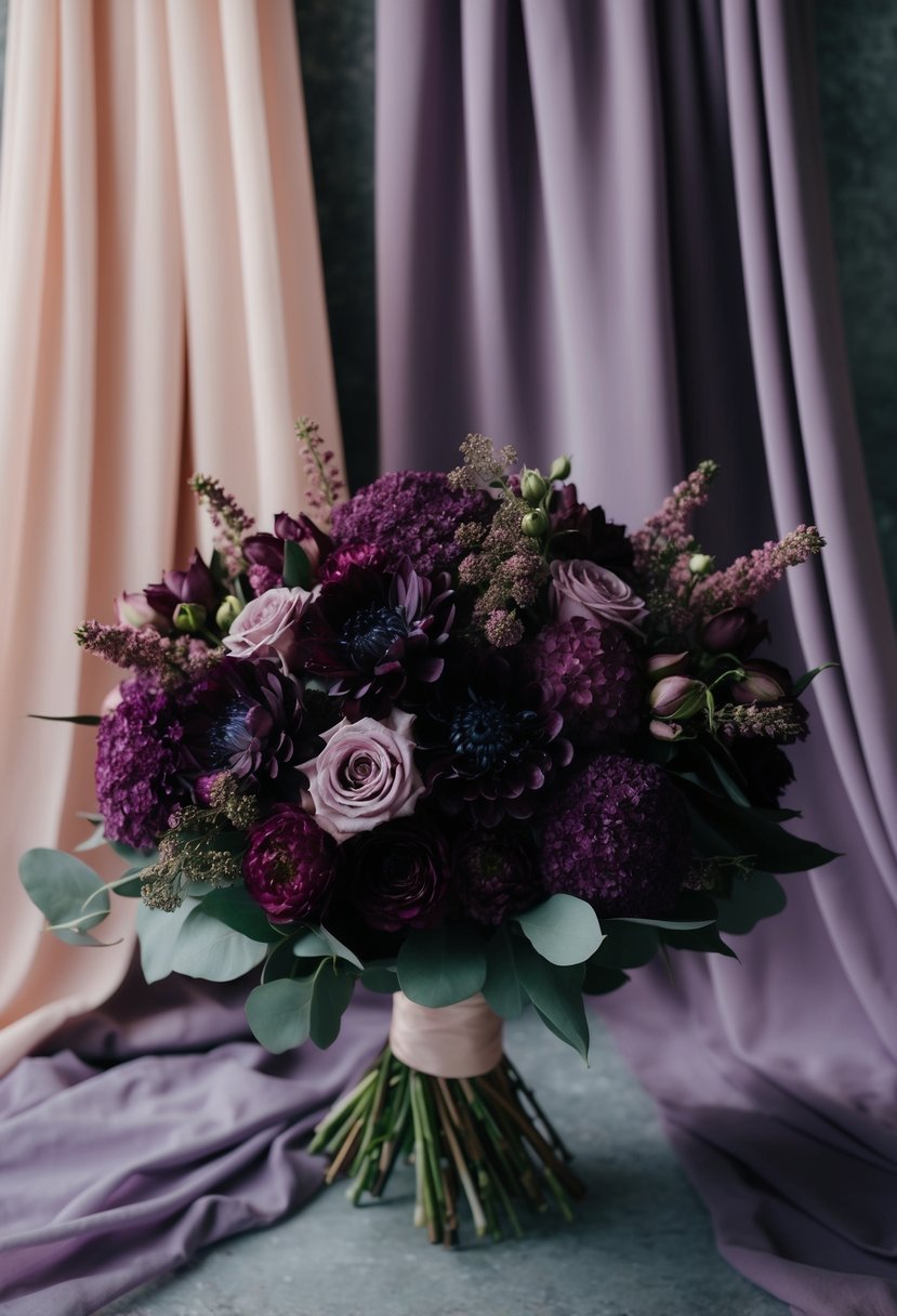 A lush bouquet of plum and dusty purple flowers set against a backdrop of flowing fabric in the same hues