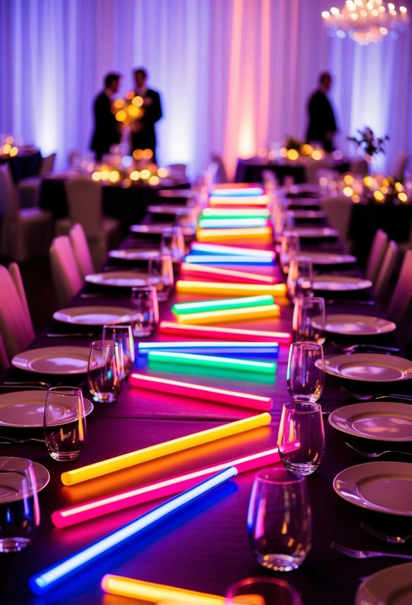 Colorful neon glow sticks arranged in a pattern on wedding reception tables