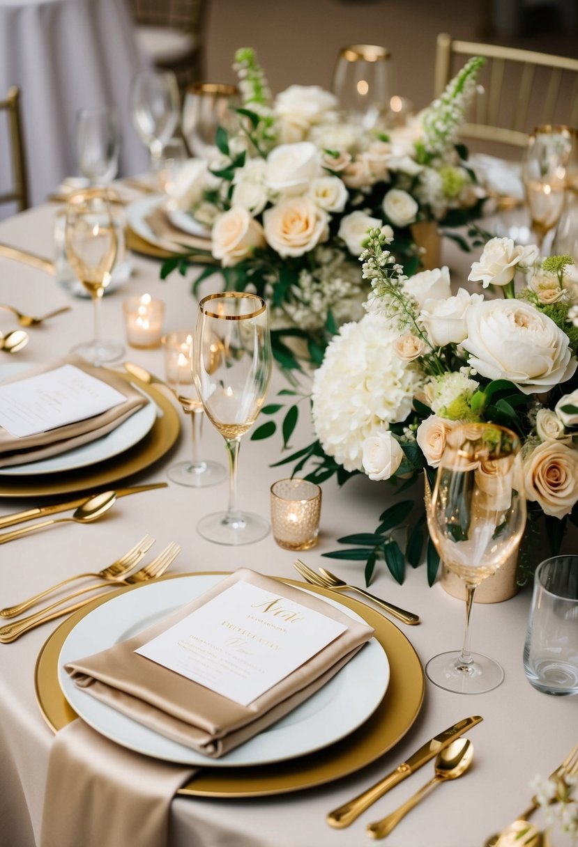 A luxurious wedding table setting with beige and champagne linens, gold cutlery, and elegant floral centerpieces